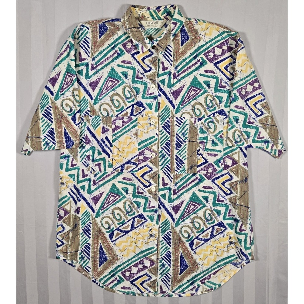 Vintage 90s Cherokee USA Made Abstract Geometric Button Up Shirt Mens L Colorful